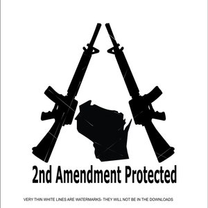 Puede incluir: Silueta en blanco y negro de dos rifles formando una A con el estado de Wisconsin en el centro. El texto "2nd Amendment Protected" está debajo de los rifles.