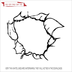 May include: A black and white vector illustration of a jagged, torn hole or rip in a surface. The hole is shaped like a circle with jagged edges.