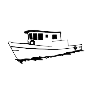 May include: Black and white line drawing of a small boat with a cabin on the deck. The boat is in the water and has a small life ring on the side.