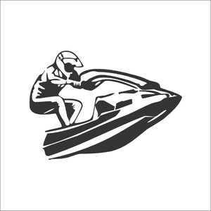 May include: A black and white illustration of a person riding a jet ski. The person is wearing a helmet and is holding onto the handlebars. The jet ski is moving at a high speed.