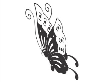 May include: Black and white silhouette of a butterfly with intricate wing patterns. The butterfly is in flight with its wings spread wide.
