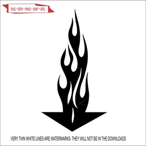 May include: Black and white silhouette of a stylized flame with a pointed arrow at the bottom.