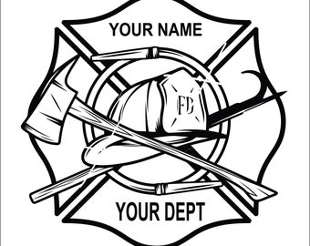 I add Fire Dept Name message me name Maltese Cross Firefighter Department Helmet Axe digital file SVG is blank you can add name or I can