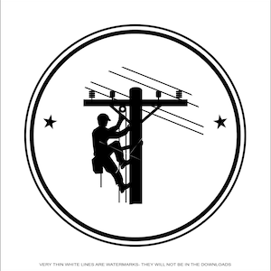 May include: Black and white silhouette of a lineman climbing a utility pole with power lines overhead. The image is set within a circle with two stars.