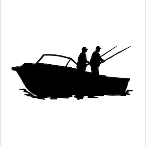 Puede incluir: Silueta de dos personas pescando desde un barco en el agua.