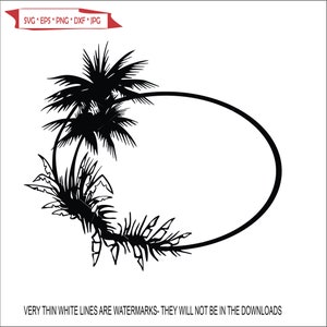 Puede incluir: Silueta en blanco y negro de dos palmeras con hojas que forman un círculo alrededor del exterior. El círculo está vacío y se puede utilizar para texto o imágenes.