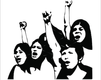 May include: Black and white silhouette of four people with their fists raised in the air. The people are all women and are looking up. The image is a symbol of strength and unity.