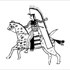 May include: Black and white line drawing of a person riding a horse. The person is wearing a headdress with feathers and a long, flowing garment. The horse has a spotted pattern.