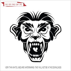 May include: Black and white illustration of a snarling monkey face with a wide open mouth and sharp teeth.