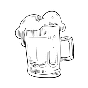 Puede incluir: Un dibujo en blanco y negro de una jarra de cerveza con espuma.
