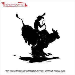 May include: A black silhouette of a cowboy riding a bucking bull. The bull is kicking its legs up in the air and the cowboy is holding on tight. The image is set against a white background.