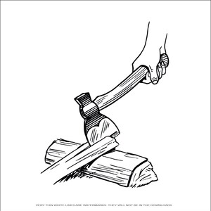 May include: A black and white illustration of a hand holding an axe, chopping a piece of wood.