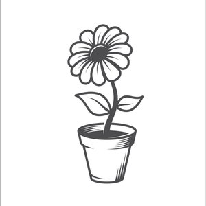 May include: A black and white illustration of a potted flower with a single bloom. The flower has a simple design with multiple petals and a center circle. The pot is a simple, rounded shape.
