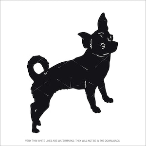 May include: A black silhouette of a small dog, likely a Chihuahua, standing on all fours with its tail curled. The dog's ears are perked up, and the image is set against a white background. The text at the bottom reads: VERY THIN WHITE LINES ARE WATERMARKS- THEY WILL NOT BE IN THE DOWNLOADS.