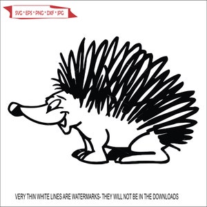 May include: A black and white line drawing of a cartoon hedgehog with a happy expression. The hedgehog is facing the left side of the image and has a large number of quills on its back.