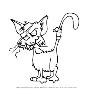 May include: A black and white line drawing of a cartoon cat with a bandaged tail and an eye patch. The cat has a mischievous expression and is holding a small object in its mouth.