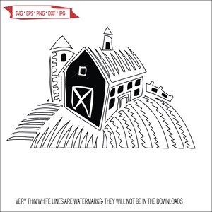 Peut inclure: Illustration en noir et blanc d'une ferme avec un silo et un champ de cultures. La ferme a une grande porte de grange et une petite fenêtre. Le champ est composé de rangées de cultures.