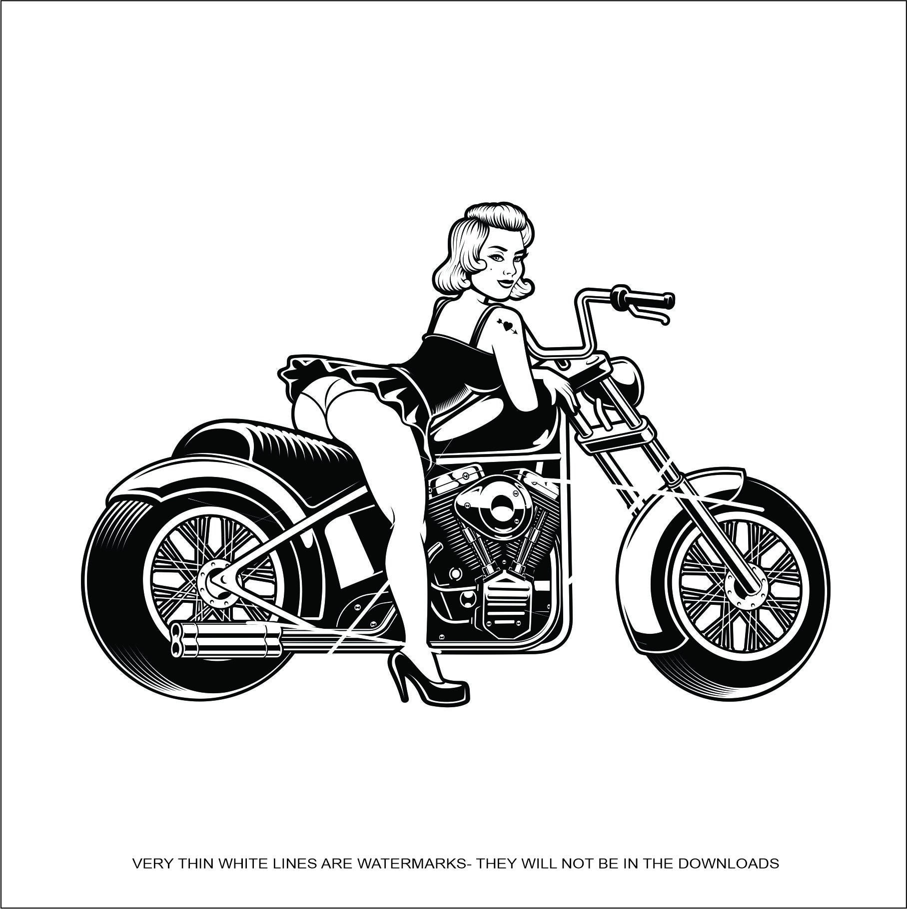 Tattoo Sexy Female Pinup Girl Sitting Twin Engine Motorcycle photo