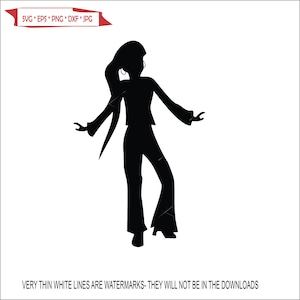 May include: Black silhouette of a person with long hair wearing bell bottom pants and a long-sleeved shirt. The person is dancing with their arms outstretched.