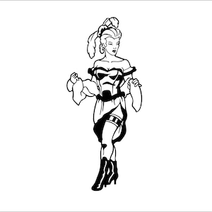 May include: Black and white line art illustration of a woman in a corset and skirt with a feather in her hair.