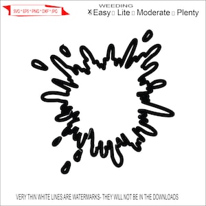 May include: Black and white graphic design of a circular shape with a splatter effect. The design is outlined in a thick black line.