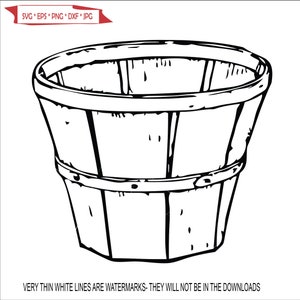 May include: A black and white line drawing of a wooden bushel basket.