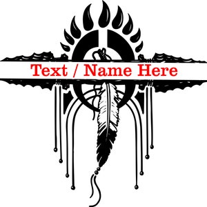 May include: Black and white silhouette of a Native American dreamcatcher with a feather and beads. The dreamcatcher has a banner that says "Text / Name Here".