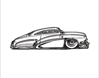 Puede incluir: Dibujo en blanco y negro de una línea de un coche antiguo con un perfil bajo y ruedas grandes. El coche está dibujado en un estilo de dibujos animados.