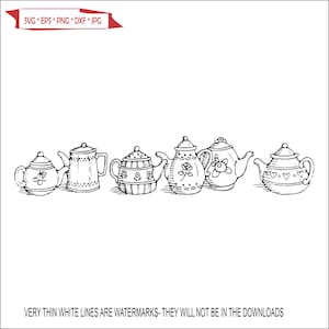 Può includere: Illustrazione in bianco e nero di sei teiere con vari disegni, tra cui ciliegie, motivi floreali e cuori. Le teiere presentano dettagli come manici, beccucci e coperchi. L'immagine include testo in alto e in basso.