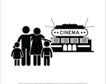 simple Family time Going Cinema Movie Theater Show Movie silhouette  * cut print design Image ClipArt digital download eps/dxf/png/jpeg/svg
