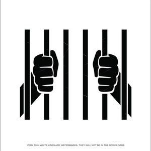 Puede incluir: Ilustración en blanco y negro de dos manos que se extienden a través de los barrotes de una prisión.