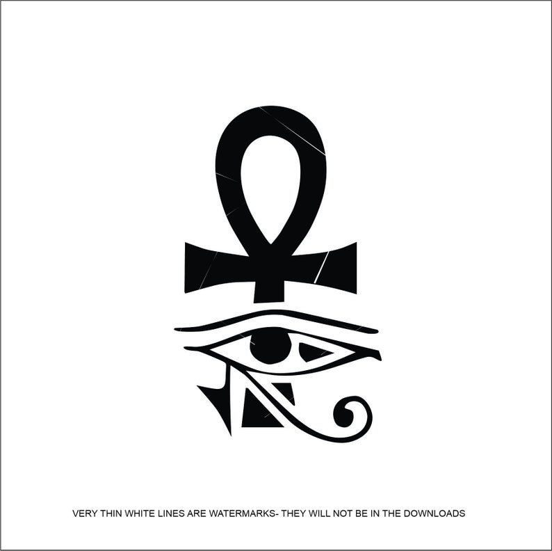 May include: Black and white illustration of the Egyptian Ankh symbol with the Eye of Horus underneath.