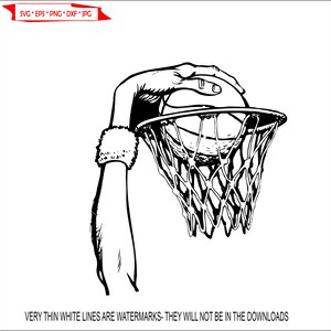 May include: Black and white line art illustration of a hand shooting a basketball through a hoop.