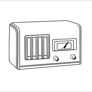 May include: A black and white line drawing of a vintage radio with a dial and knobs.