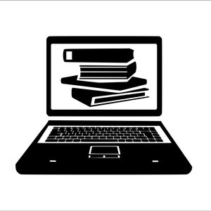 May include: Black and white icon of a laptop computer with a stack of books displayed on the screen.