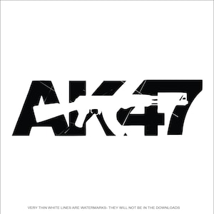 May include: Black and white graphic design of an AK-47 rifle with the text "AK47" in a distressed font.