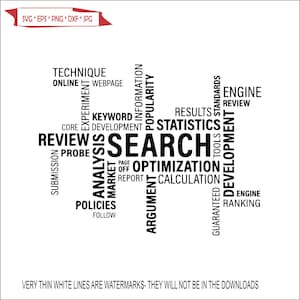 May include: A black and white word cloud illustrating the concept of search engine optimization (SEO). The words include "search", "optimization", "analysis", "keywords", "statistics", "review", "engine", "development", "submission", "probe", "page", "market", "report", "argument", "calculation", "policies", "follow", "guaranteed", "tools", "standards", "popularity", "information", "technique", "online", "webpage", and "ranking".