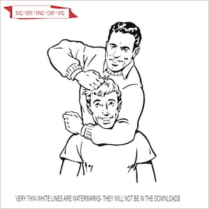 Puede incluir: Ilustración en blanco y negro de dos hombres. Un hombre está sujetando la cabeza del otro hombre con las manos. El hombre que tiene la cabeza sujeta está sonriendo.