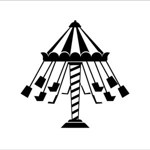 May include: Black and white silhouette of a carousel with a striped canopy and multiple swinging seats.