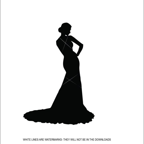 Elegant Long Black Flowing Evening Gown Lady in Formal Dress Black Silhouette Style *  ClipArt digital download eps/dxf/png/jpeg/svg