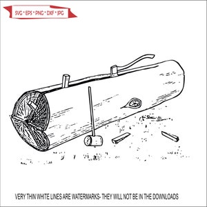 May include: A black and white line drawing of a log being split with a mallet and wedges. The log is resting on two wooden supports.