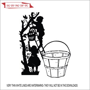 May include: Black and white silhouette illustration of two children picking fruit from a tree. One child is climbing a ladder and holding a basket of fruit. The other child is standing on the ground and reaching for fruit. A basket is sitting on the ground.
