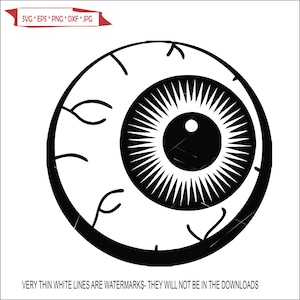 May include: Black and white illustration of a large eye with veins around the outside. The eye is staring directly at the viewer.