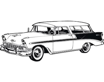 Puede incluir: Dibujo en blanco y negro de una camioneta familiar vintage. El coche tiene una carrocería larga y elegante con una gran ventana trasera. El coche está de frente al espectador y tiene un diseño clásico.