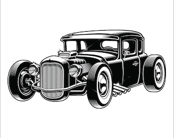 May include: Black and white illustration of a vintage hot rod car with a classic design. The car has a large, chrome grille, round headlights, and a long, flowing body.
