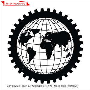 Globus wewnątrz koła zębatego Mapa Atlas Planeta Ziemia Kontynent Geografia Mechanizm * Wytnij znak Obraz ClipArt cyfrowe pobieranie eps/dxf/png/jpeg/svg