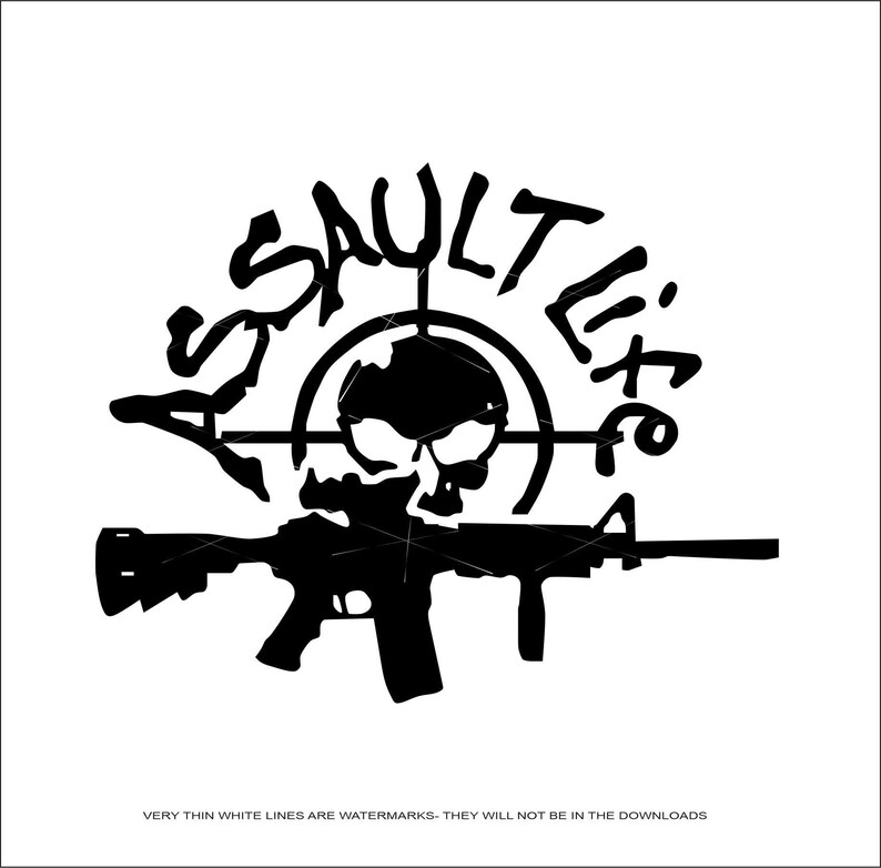 May include: Black and white graphic design of a skull in a target sight with the words "Assault Life" written around it. A black rifle is positioned below the skull.