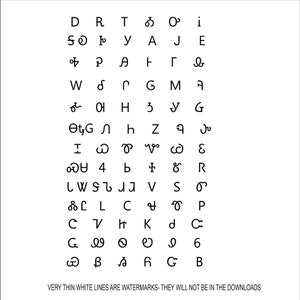 May include: A black and white chart with the letters of the Cherokee alphabet. The letters are arranged in rows and columns. The letters are in a simple, sans-serif font.