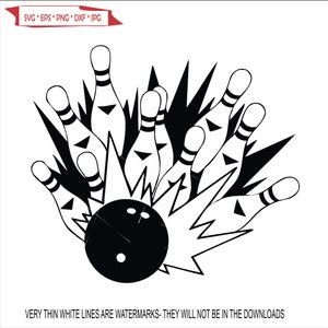 May include: Black and white illustration of a bowling ball knocking down ten bowling pins. The bowling ball is in the center of the image and the pins are scattered around it.