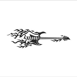 May include: Black and white silhouette of an electric guitar with flames coming from the body and neck.